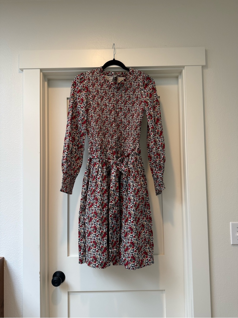 Long-Sleeve Red Floral Smocked Waist Dress